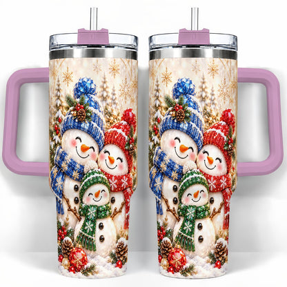 #pl[40oz|Pink] Snowman Family 40oz Tumbler with Handle, Winter Travel Cup for Women