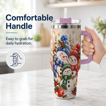 #pl[40oz|Pink] Snowman Family 40oz Tumbler with Handle, Winter Travel Cup for Women