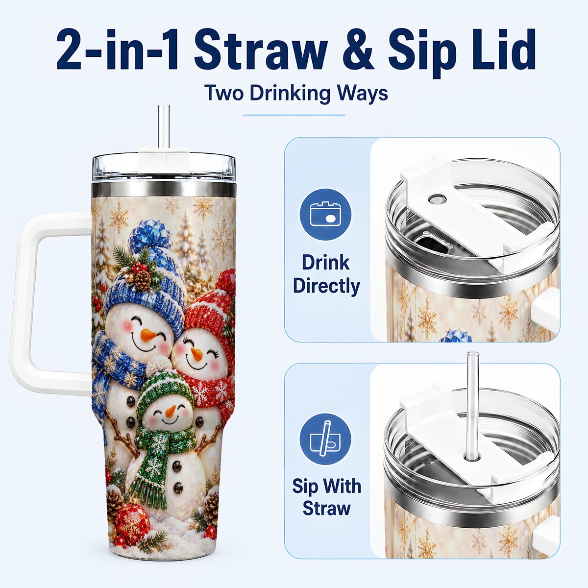 #pl[40oz|White] Snowman Family 40oz Tumbler with Handle, Winter Travel Cup for Women