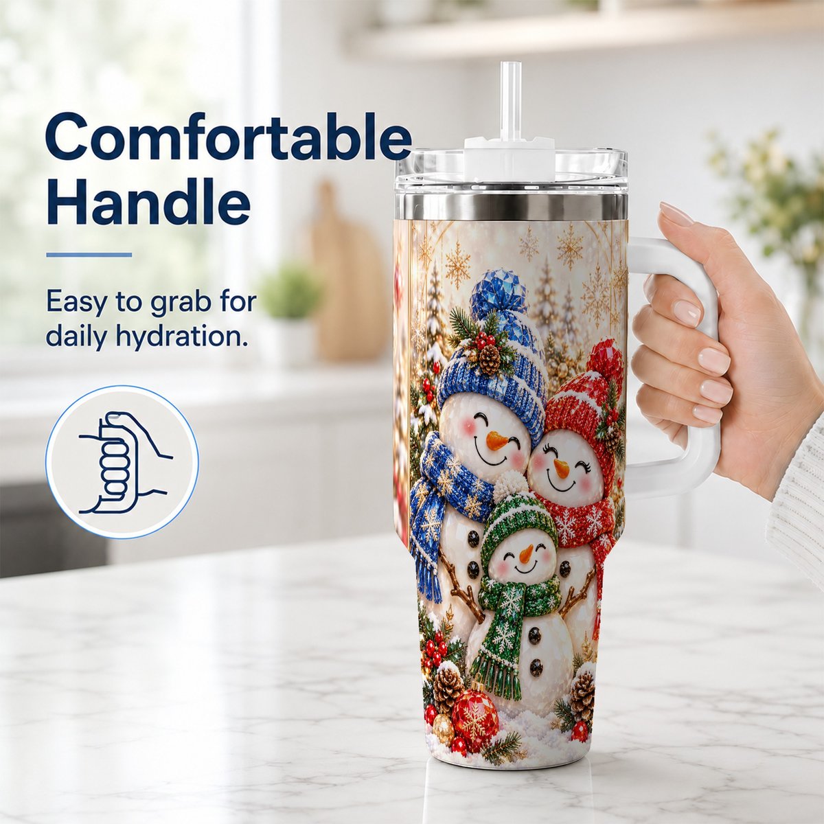 #pl[40oz|White] Snowman Family 40oz Tumbler with Handle, Winter Travel Cup for Women