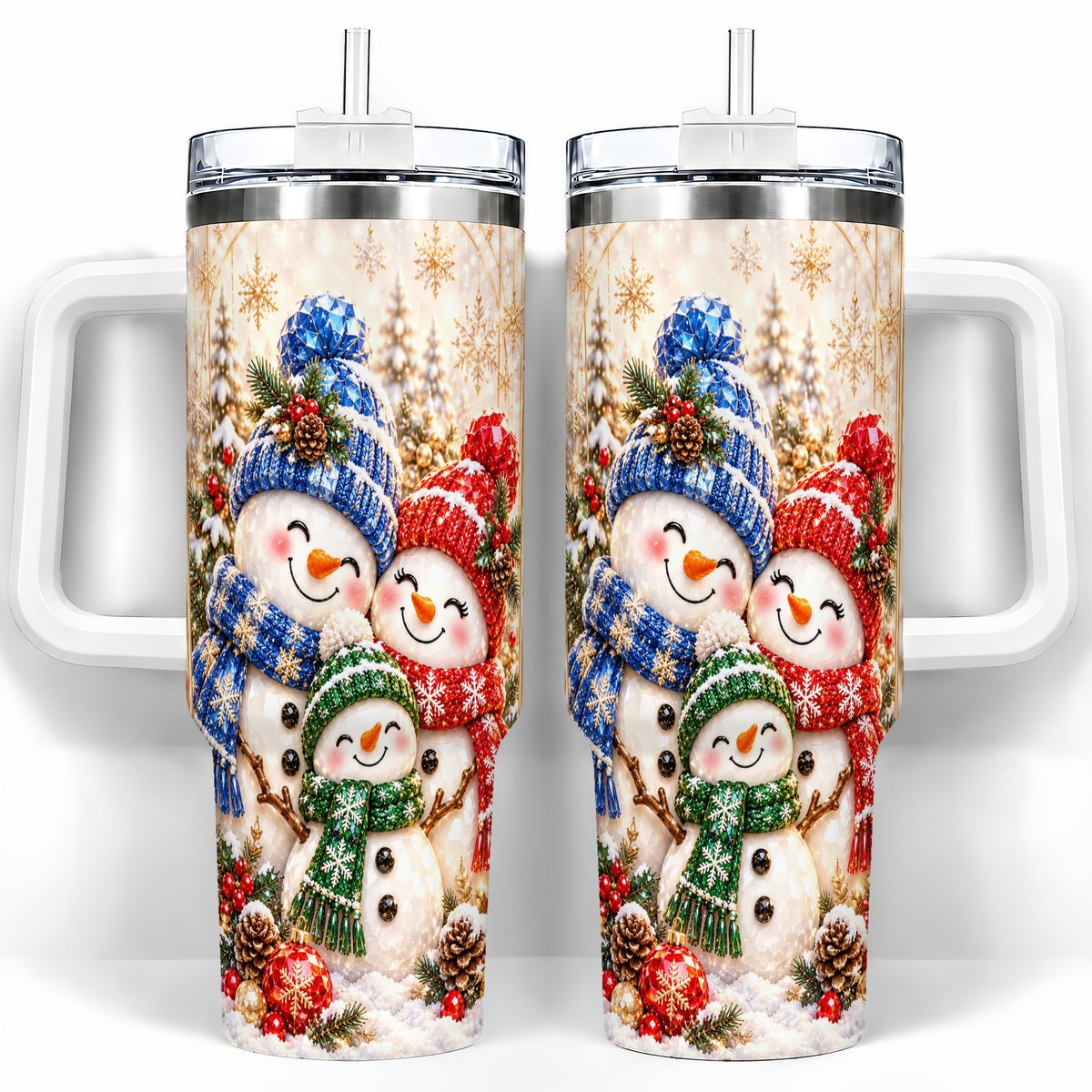 Snowman Family 40oz Tumbler with Handle, Winter Travel Cup for Women