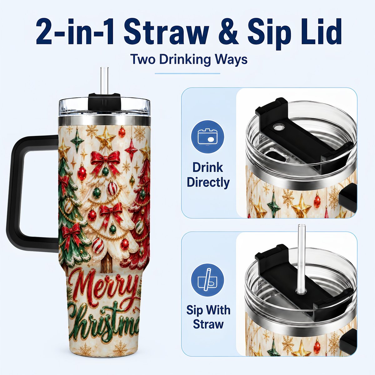 #pl[40oz|Black] Christmas Tree Trio 40oz Tumbler with Handle, Holiday Travel Cup for Her