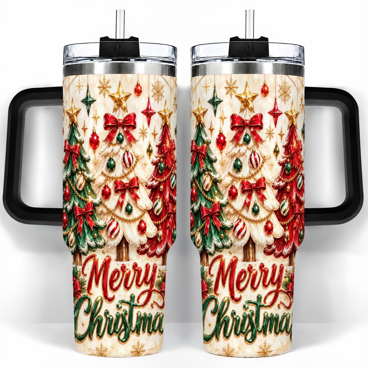#pl[40oz|Black] Christmas Tree Trio 40oz Tumbler with Handle, Holiday Travel Cup for Her
