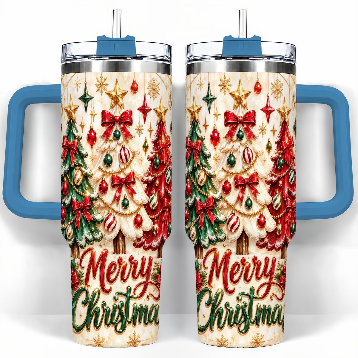 #pl[40oz|Blue] Christmas Tree Trio 40oz Tumbler with Handle, Holiday Travel Cup for Her