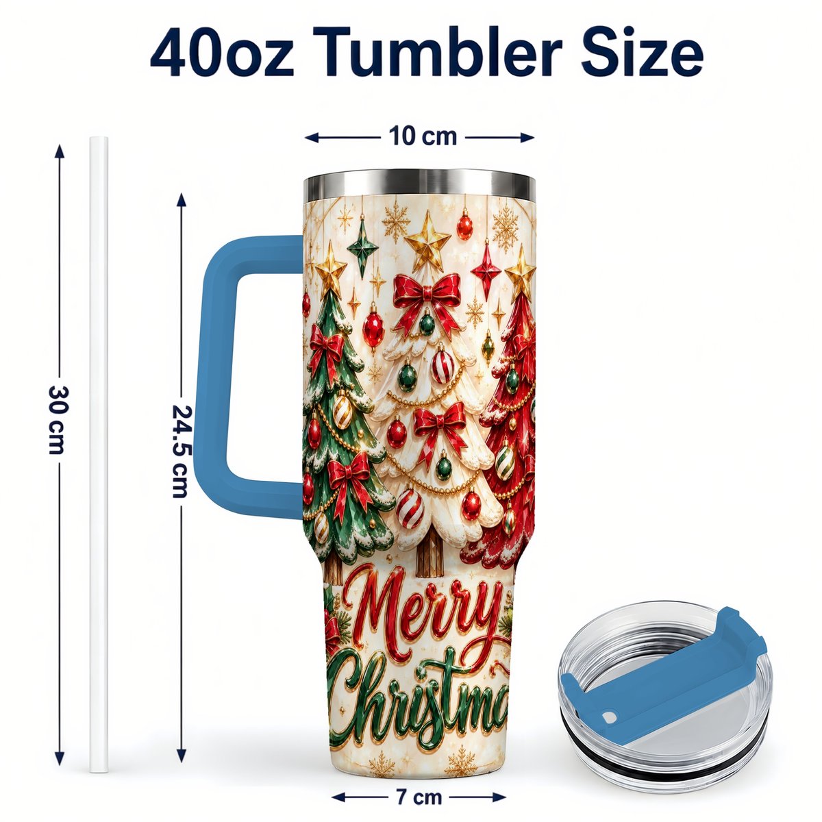 #pl[40oz|Blue] Christmas Tree Trio 40oz Tumbler with Handle, Holiday Travel Cup for Her