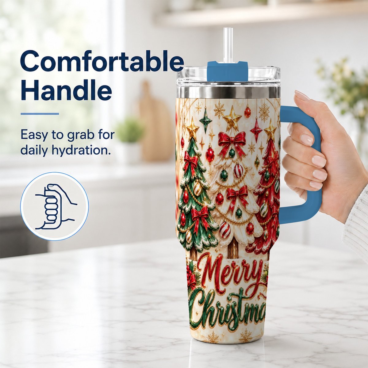 #pl[40oz|Blue] Christmas Tree Trio 40oz Tumbler with Handle, Holiday Travel Cup for Her