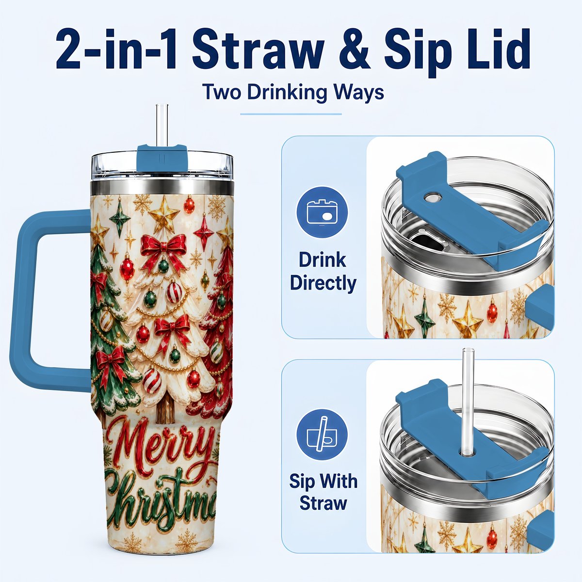#pl[40oz|Blue] Christmas Tree Trio 40oz Tumbler with Handle, Holiday Travel Cup for Her