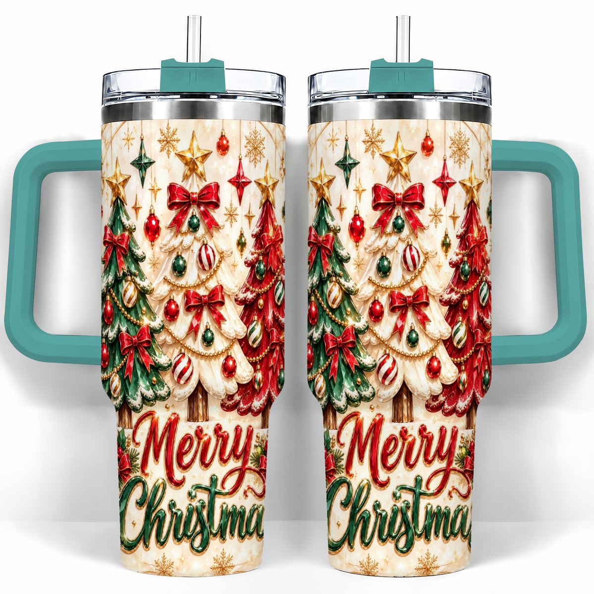 #pl[40oz|Green] Christmas Tree Trio 40oz Tumbler with Handle, Holiday Travel Cup for Her