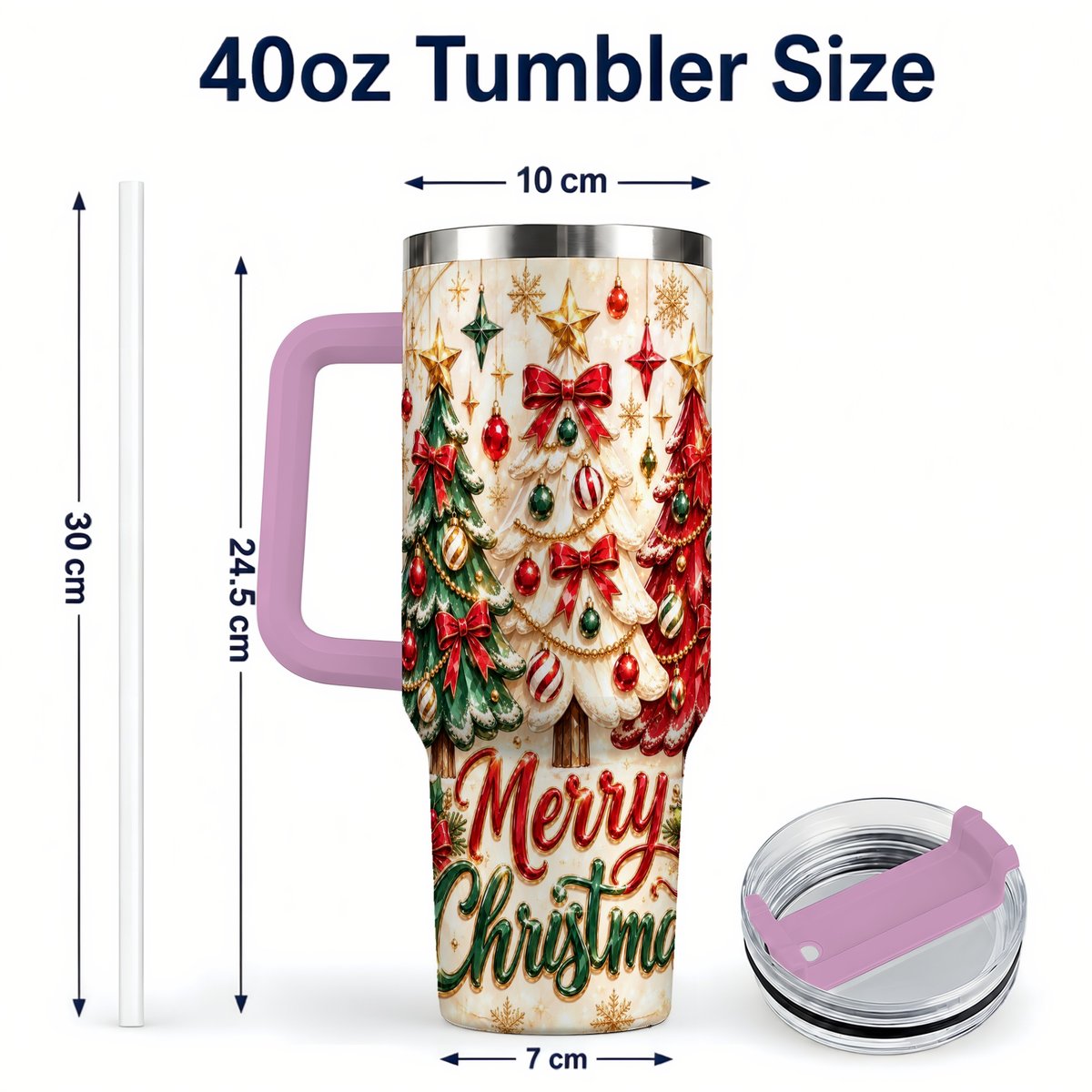 #pl[40oz|Pink] Christmas Tree Trio 40oz Tumbler with Handle, Holiday Travel Cup for Her