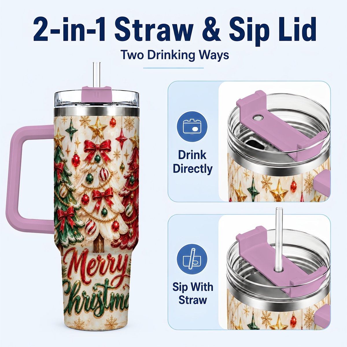 #pl[40oz|Pink] Christmas Tree Trio 40oz Tumbler with Handle, Holiday Travel Cup for Her