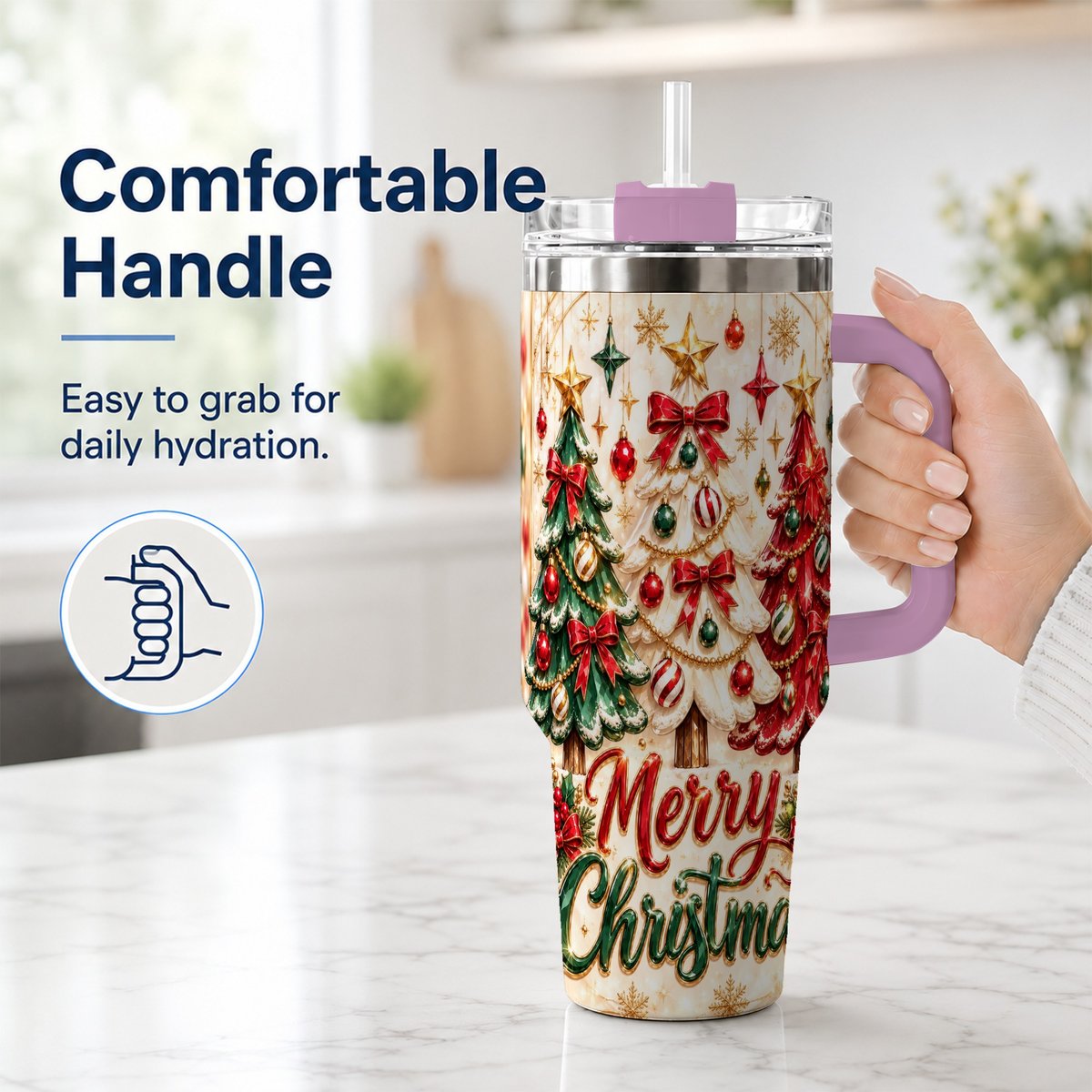 #pl[40oz|Pink] Christmas Tree Trio 40oz Tumbler with Handle, Holiday Travel Cup for Her