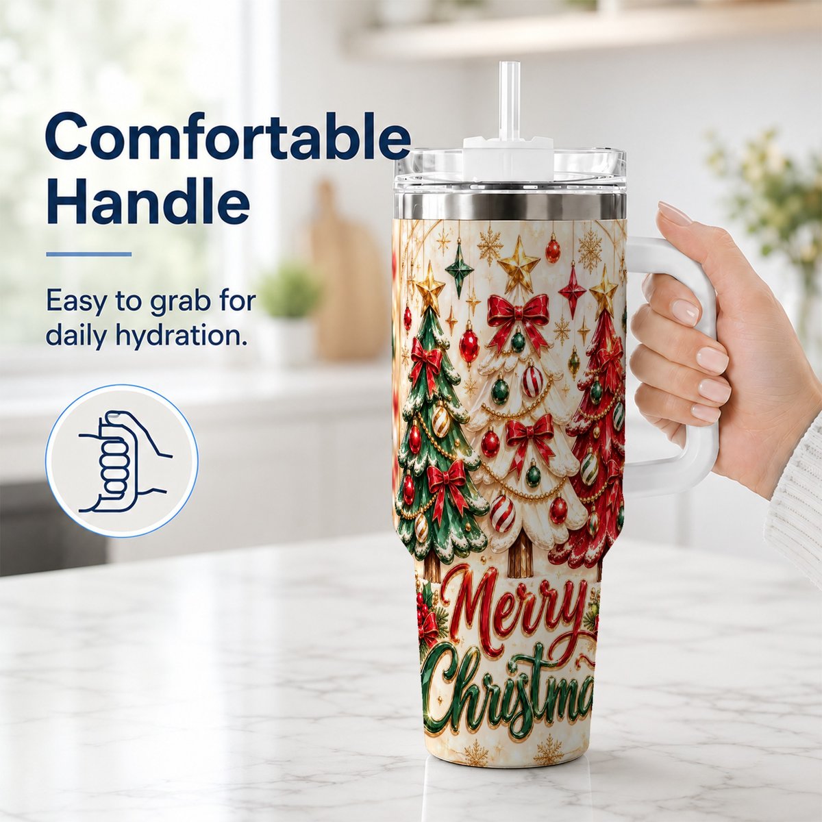 #pl[40oz|White] Christmas Tree Trio 40oz Tumbler with Handle, Holiday Travel Cup for Her