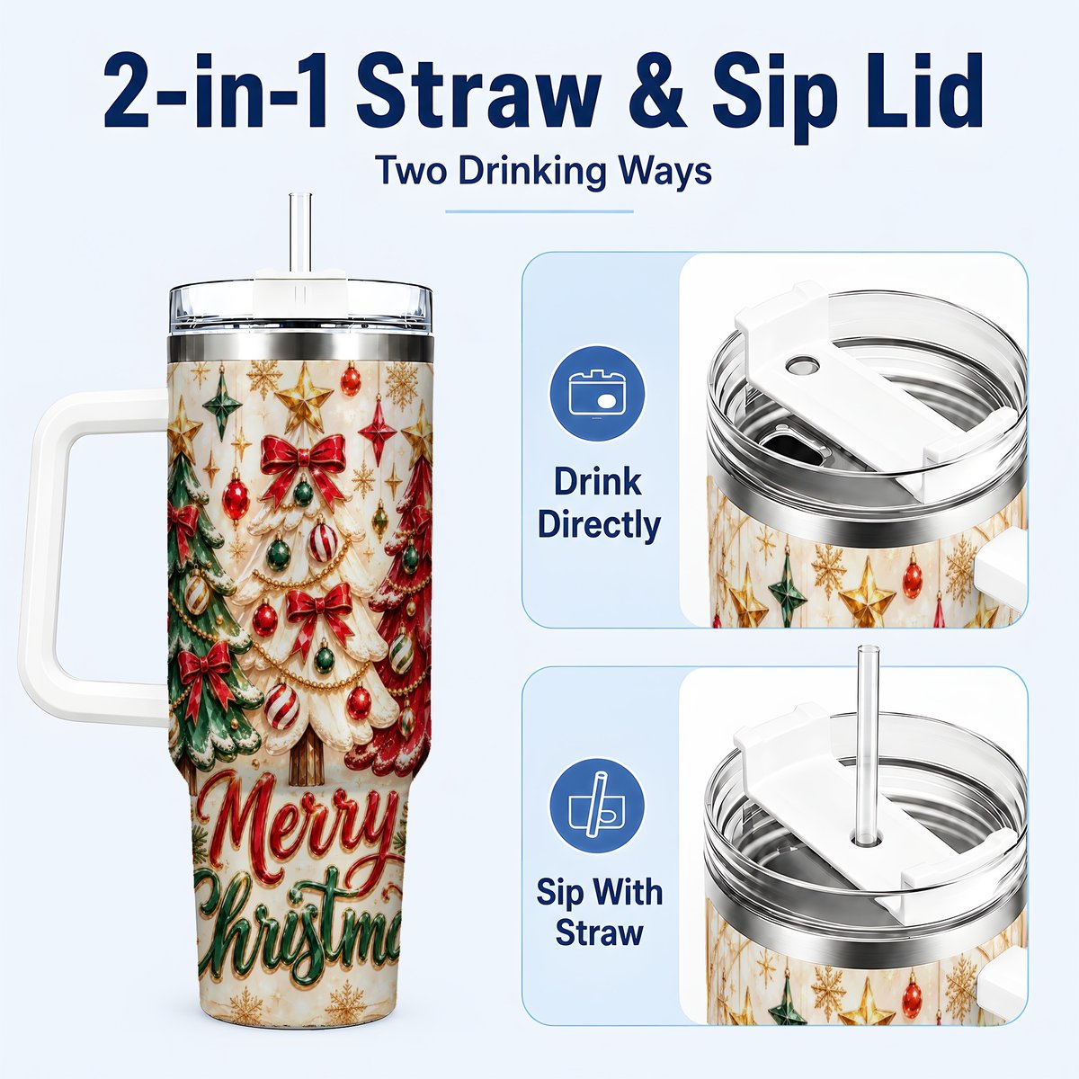 #pl[40oz|White] Christmas Tree Trio 40oz Tumbler with Handle, Holiday Travel Cup for Her