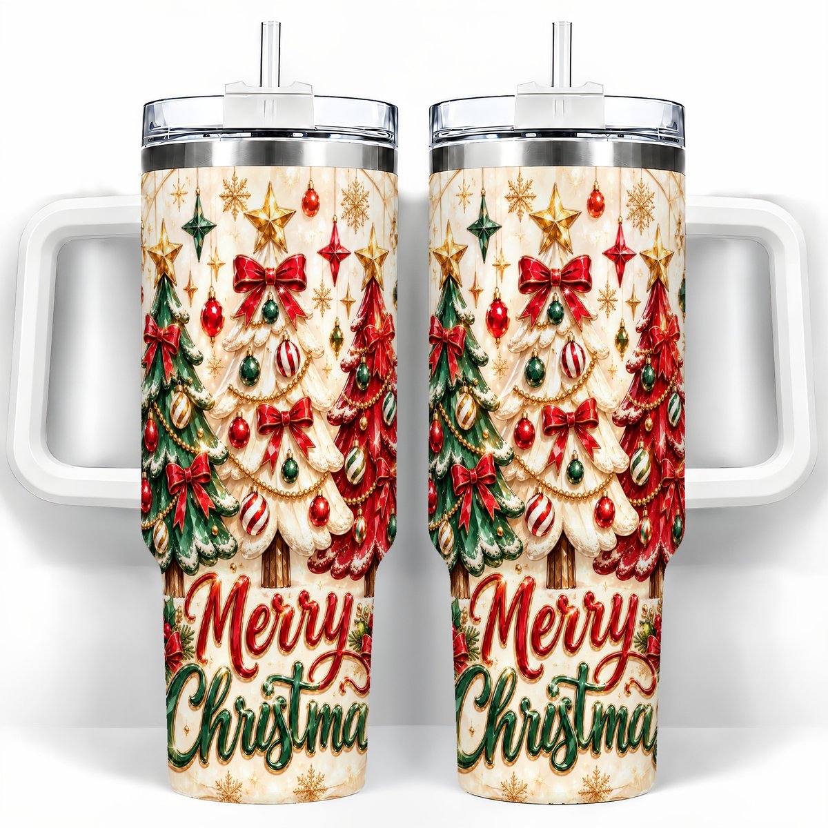 Christmas Tree Trio 40oz Tumbler with Handle, Holiday Travel Cup for Her
