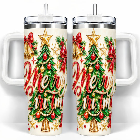 Merry Christmas 40oz Tumbler with Handle, Festive Tree Travel Cup