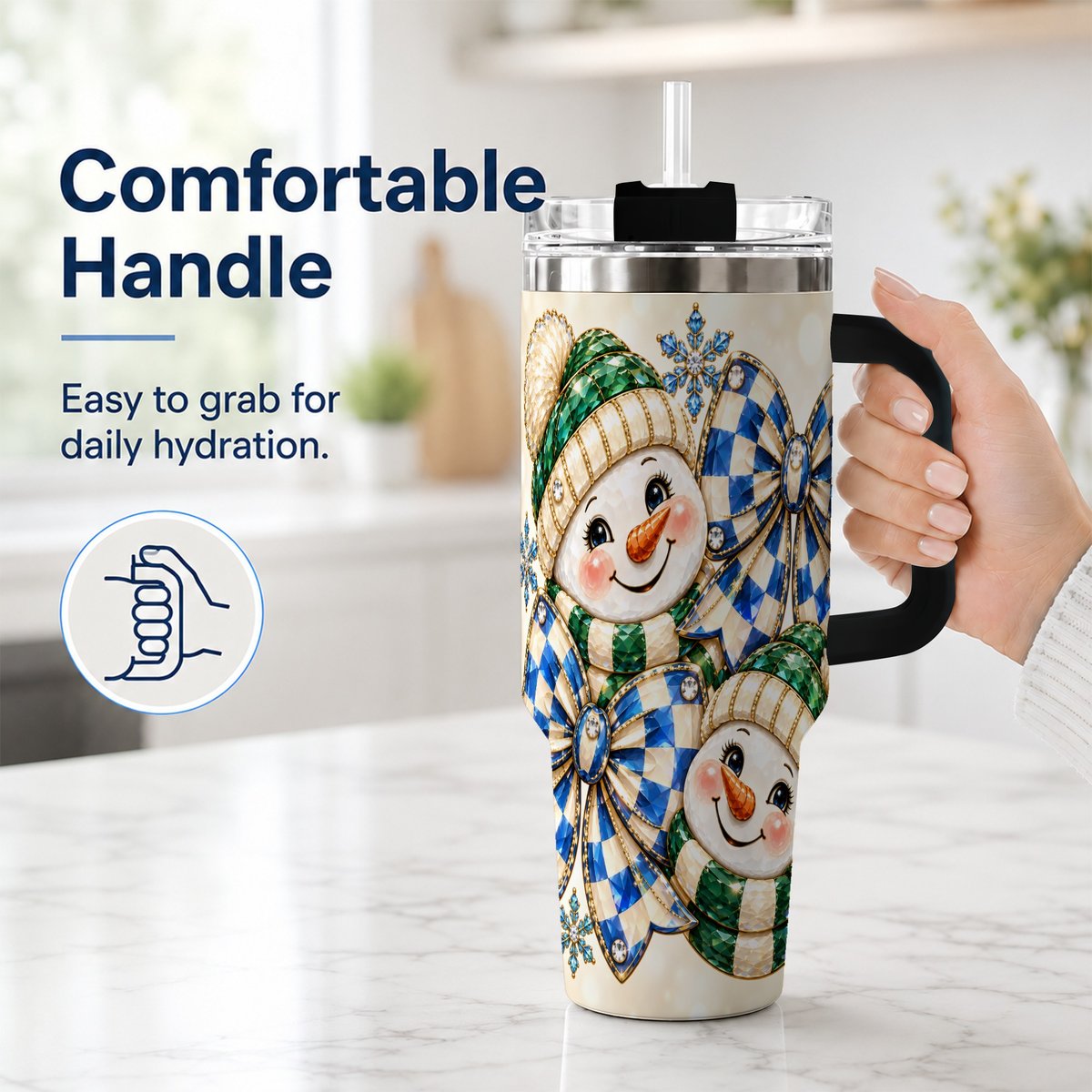 #pl[40oz|Black] Snowman Duo 40oz Tumbler with Handle, Winter Plaid Travel Cup