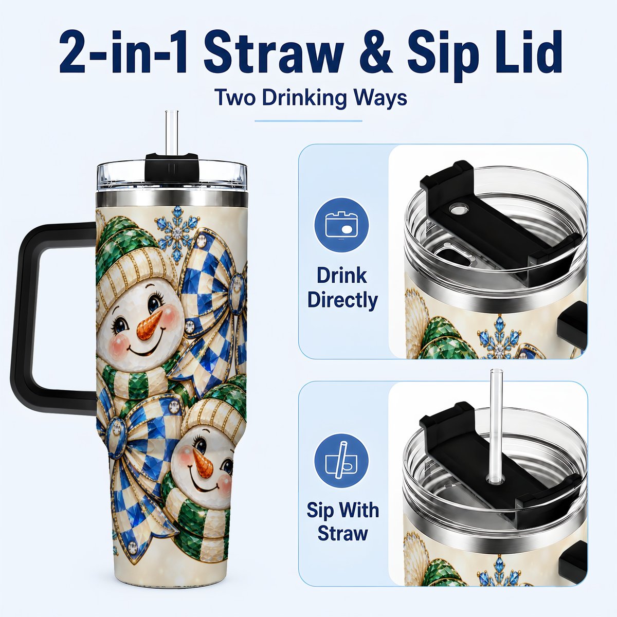 #pl[40oz|Black] Snowman Duo 40oz Tumbler with Handle, Winter Plaid Travel Cup