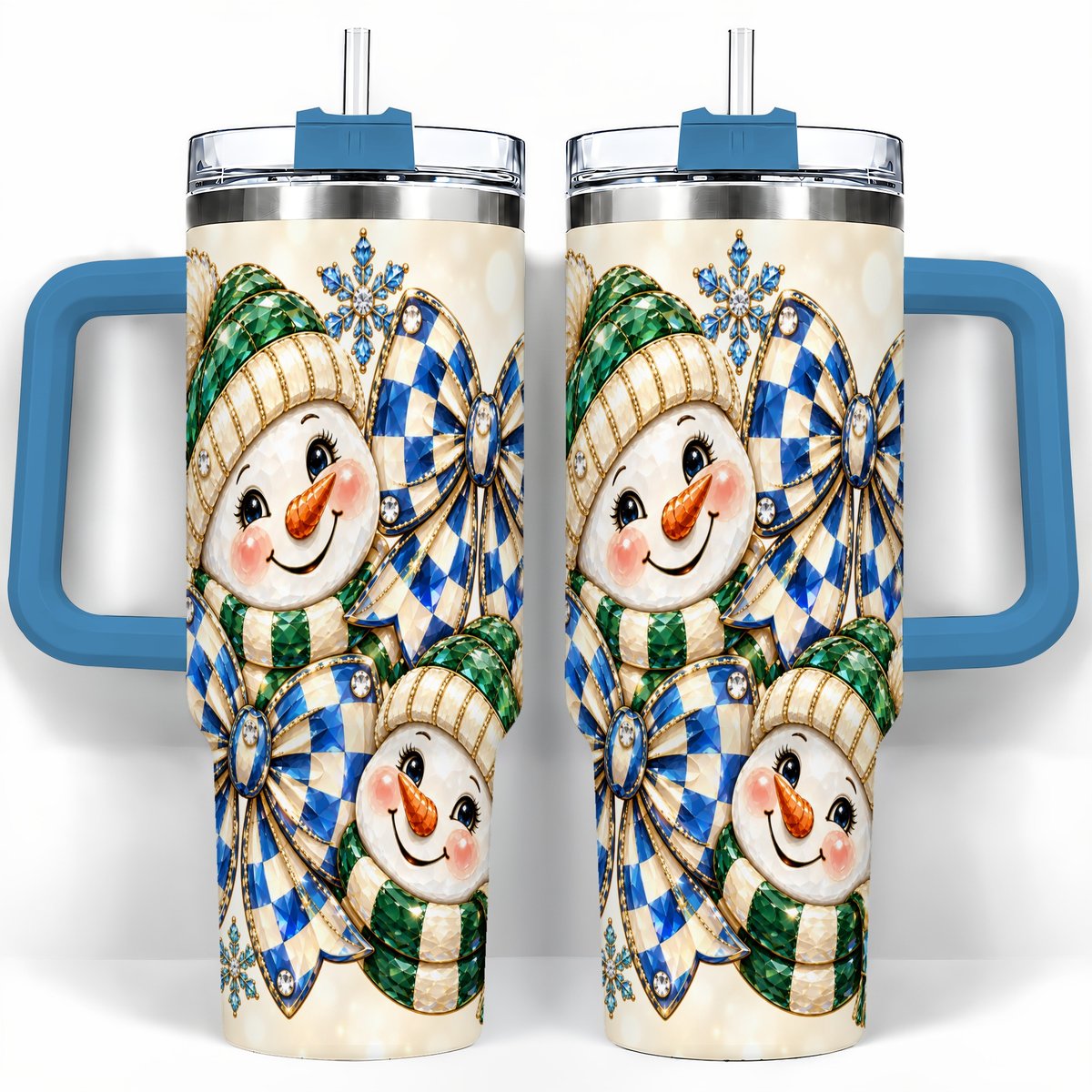 #pl[40oz|Blue] Snowman Duo 40oz Tumbler with Handle, Winter Plaid Travel Cup
