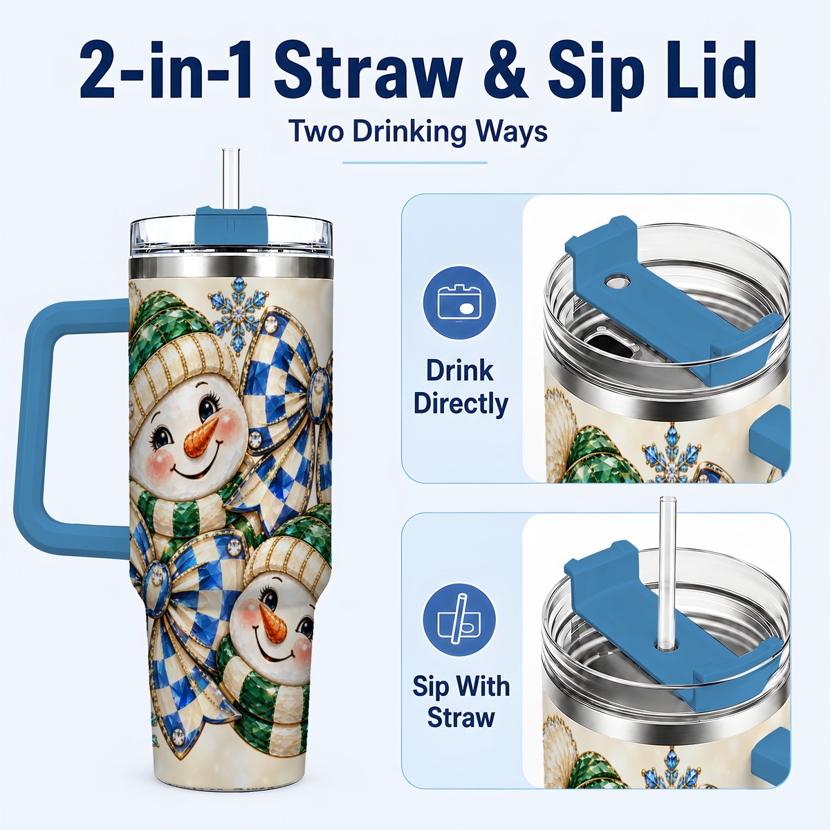 #pl[40oz|Blue] Snowman Duo 40oz Tumbler with Handle, Winter Plaid Travel Cup