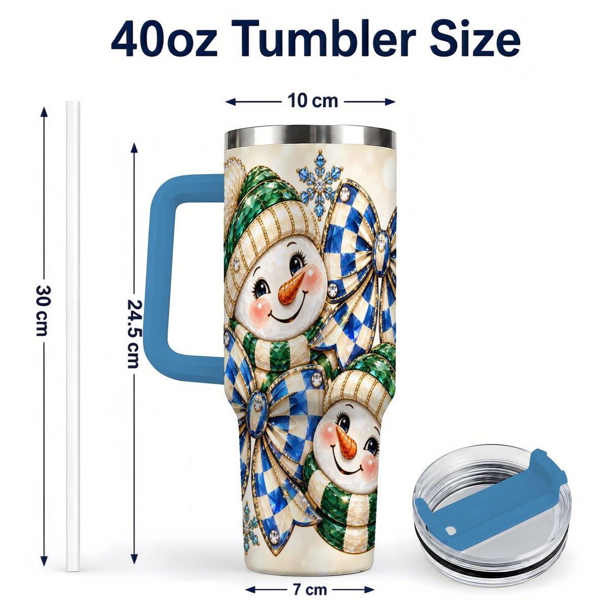 #pl[40oz|Blue] Snowman Duo 40oz Tumbler with Handle, Winter Plaid Travel Cup