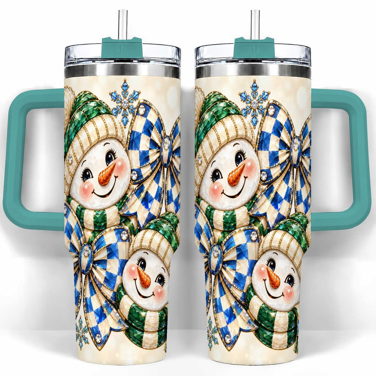 #pl[40oz|Green] Snowman Duo 40oz Tumbler with Handle, Winter Plaid Travel Cup