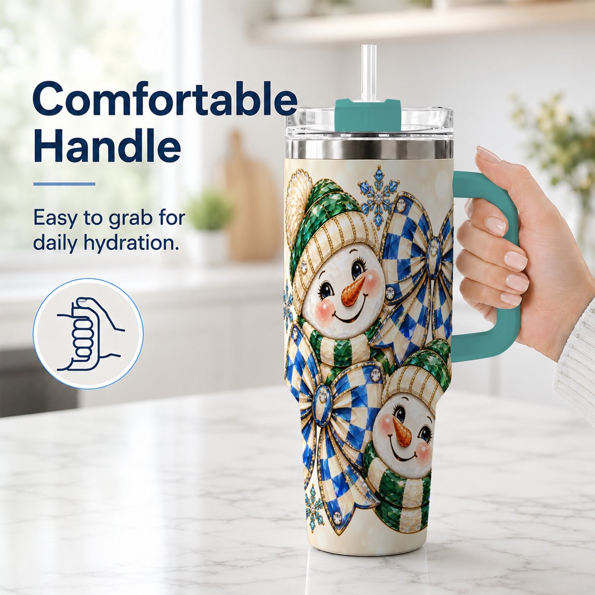 #pl[40oz|Green] Snowman Duo 40oz Tumbler with Handle, Winter Plaid Travel Cup