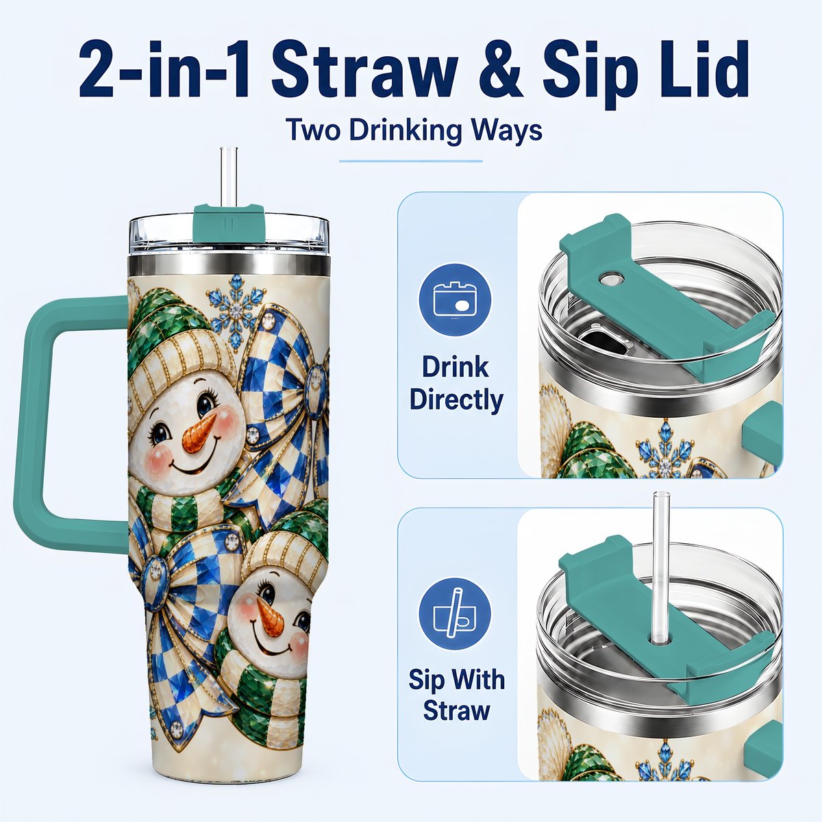 #pl[40oz|Green] Snowman Duo 40oz Tumbler with Handle, Winter Plaid Travel Cup