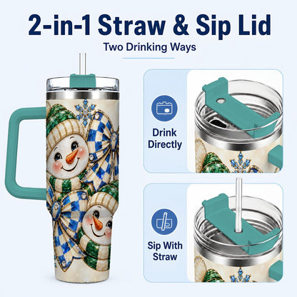 #pl[40oz|Green] Snowman Duo 40oz Tumbler with Handle, Winter Plaid Travel Cup