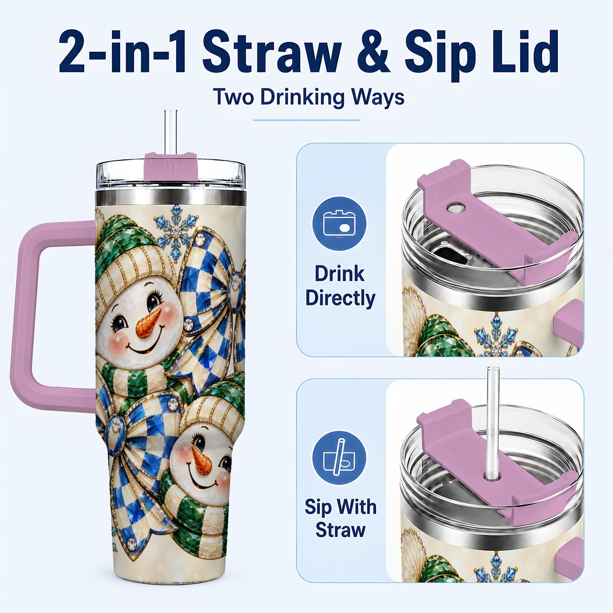 #pl[40oz|Pink] Snowman Duo 40oz Tumbler with Handle, Winter Plaid Travel Cup
