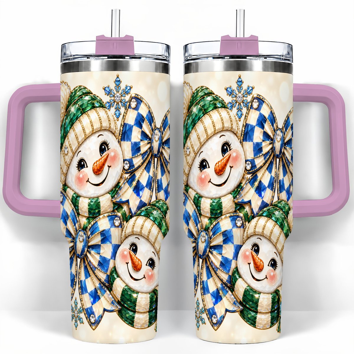 #pl[40oz|Pink] Snowman Duo 40oz Tumbler with Handle, Winter Plaid Travel Cup