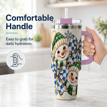 #pl[40oz|Pink] Snowman Duo 40oz Tumbler with Handle, Winter Plaid Travel Cup