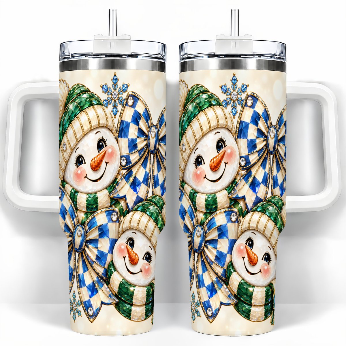 Snowman Duo 40oz Tumbler with Handle, Winter Plaid Travel Cup