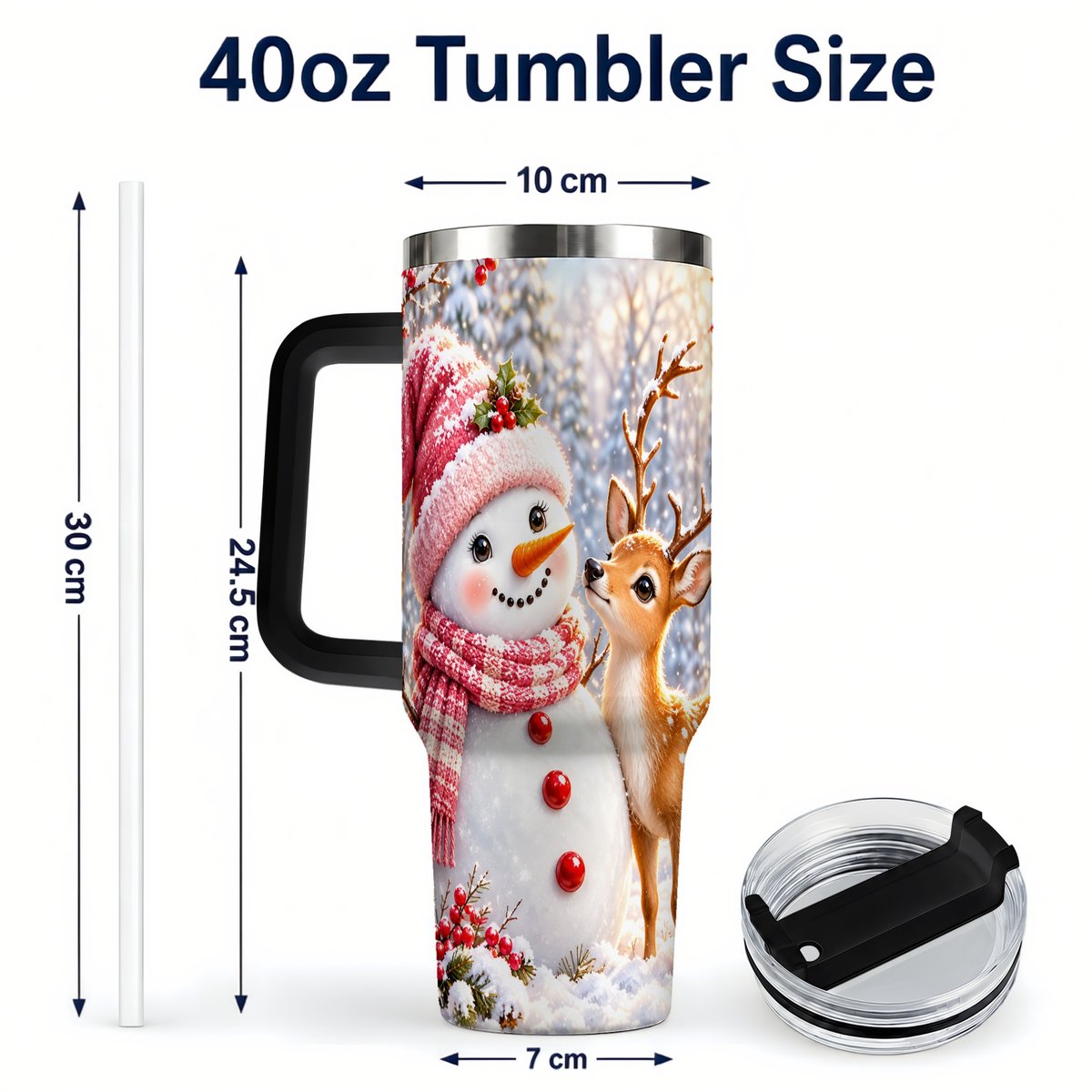 #pl[40oz|Black] Snowman Fawn 40oz Tumbler with Handle, Winter Forest Travel Cup