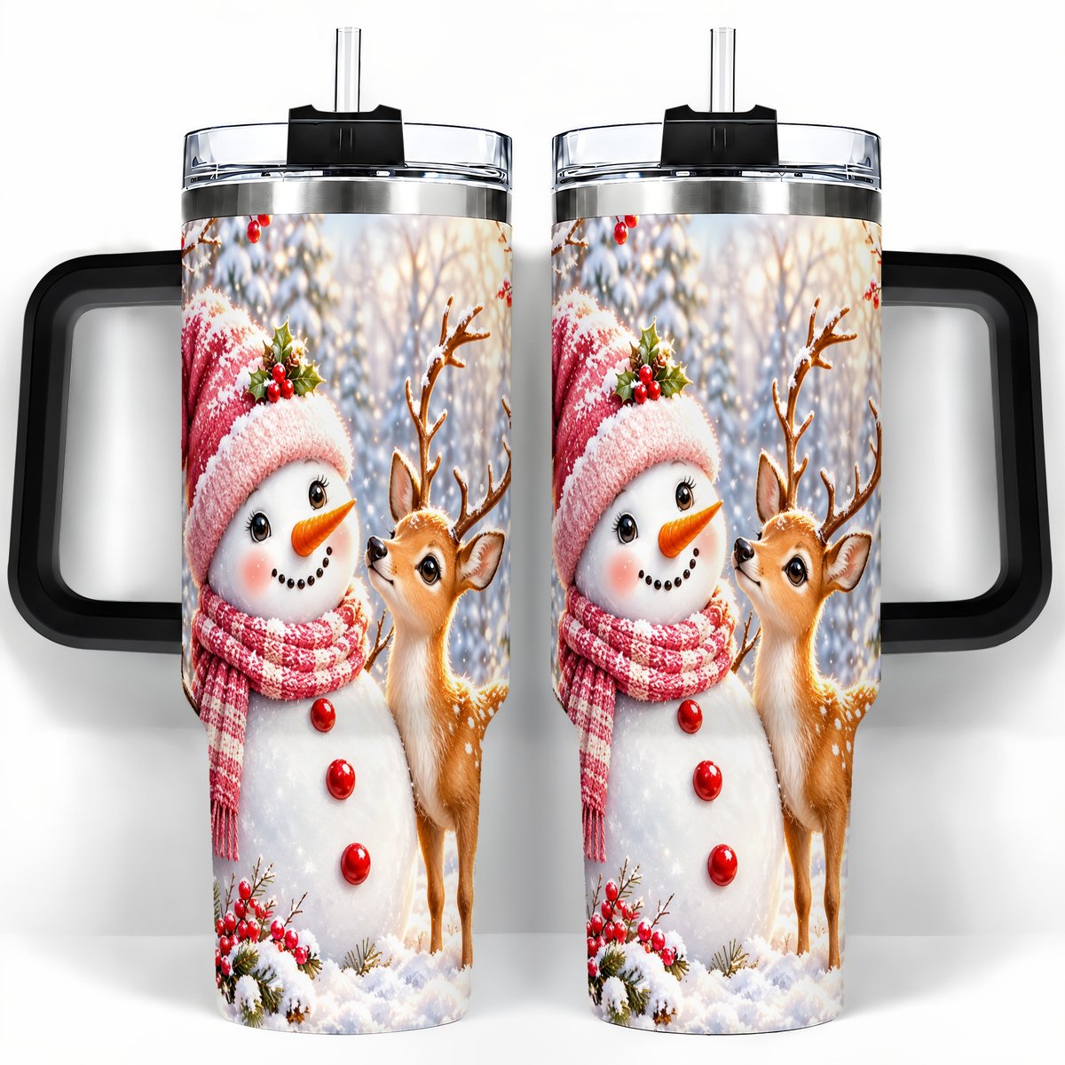 #pl[40oz|Black] Snowman Fawn 40oz Tumbler with Handle, Winter Forest Travel Cup
