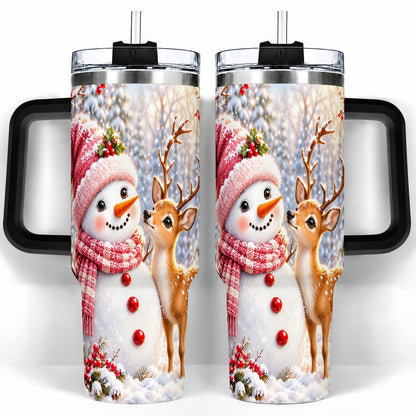 #pl[40oz|Black] Snowman Fawn 40oz Tumbler with Handle, Winter Forest Travel Cup