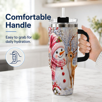 #pl[40oz|Black] Snowman Fawn 40oz Tumbler with Handle, Winter Forest Travel Cup