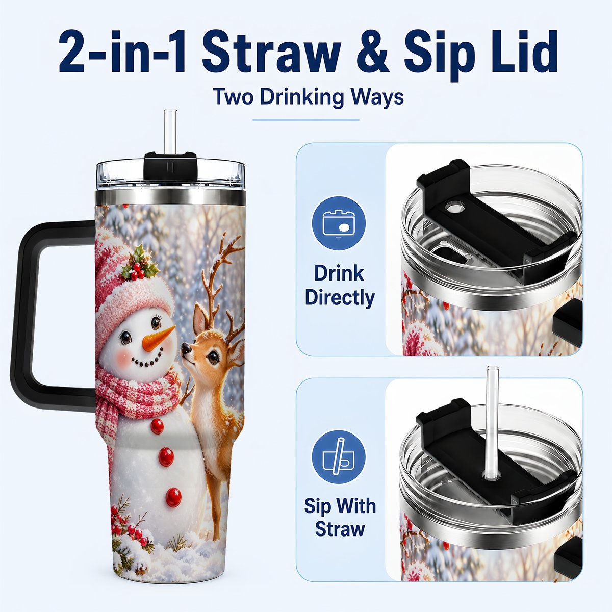#pl[40oz|Black] Snowman Fawn 40oz Tumbler with Handle, Winter Forest Travel Cup