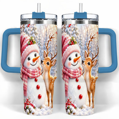 #pl[40oz|Blue] Snowman Fawn 40oz Tumbler with Handle, Winter Forest Travel Cup