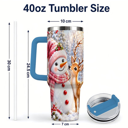 #pl[40oz|Blue] Snowman Fawn 40oz Tumbler with Handle, Winter Forest Travel Cup