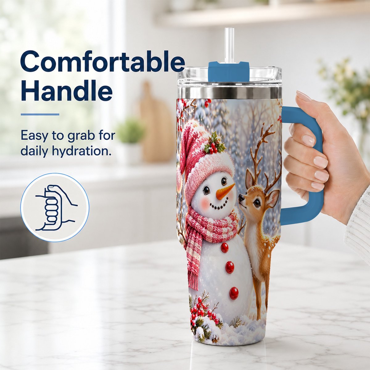 #pl[40oz|Blue] Snowman Fawn 40oz Tumbler with Handle, Winter Forest Travel Cup