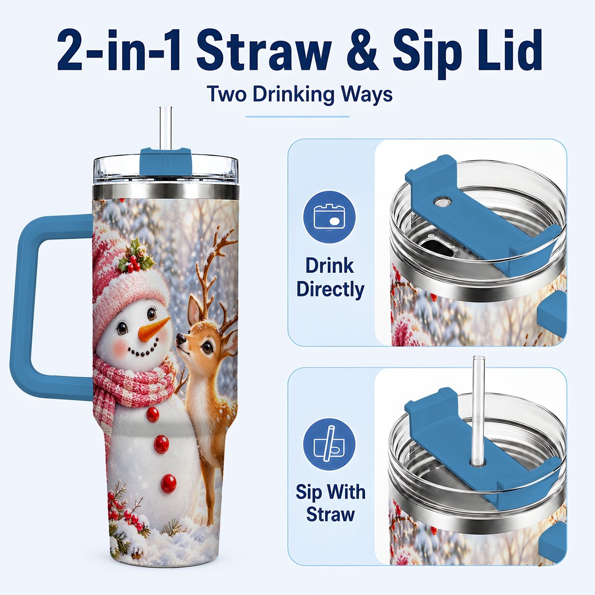 #pl[40oz|Blue] Snowman Fawn 40oz Tumbler with Handle, Winter Forest Travel Cup