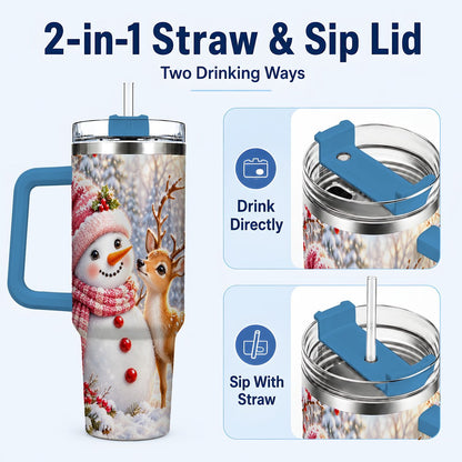 #pl[40oz|Blue] Snowman Fawn 40oz Tumbler with Handle, Winter Forest Travel Cup