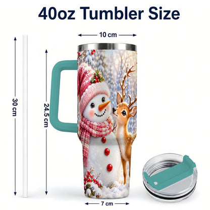 #pl[40oz|Green] Snowman Fawn 40oz Tumbler with Handle, Winter Forest Travel Cup