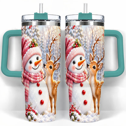 #pl[40oz|Green] Snowman Fawn 40oz Tumbler with Handle, Winter Forest Travel Cup