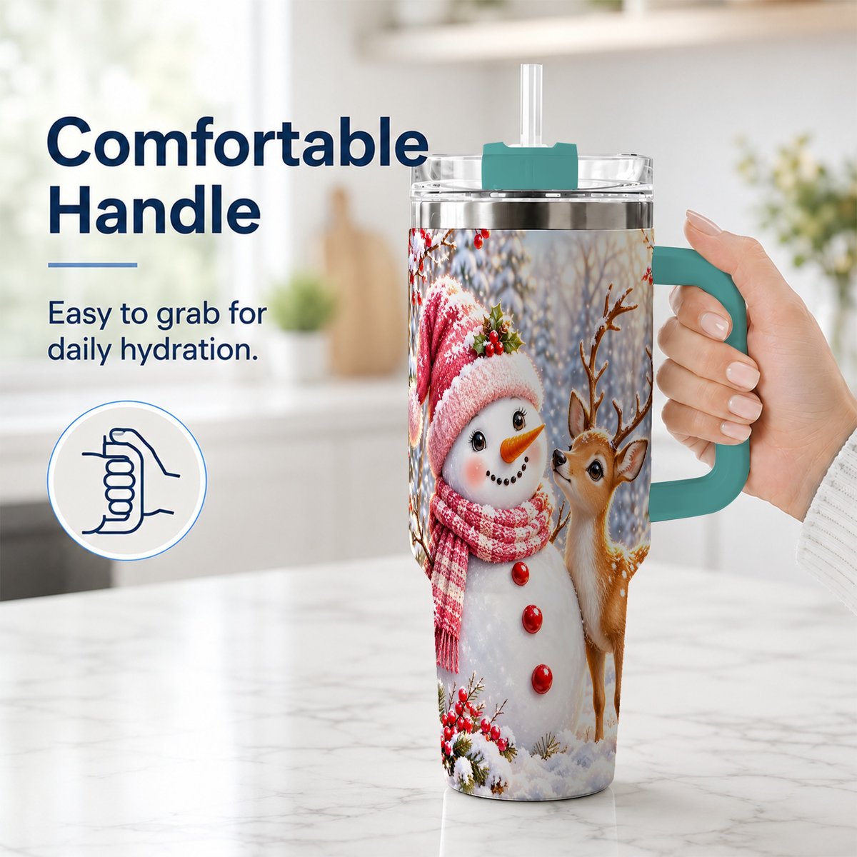 #pl[40oz|Green] Snowman Fawn 40oz Tumbler with Handle, Winter Forest Travel Cup