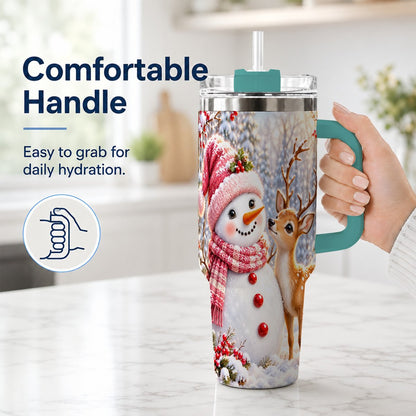 #pl[40oz|Green] Snowman Fawn 40oz Tumbler with Handle, Winter Forest Travel Cup