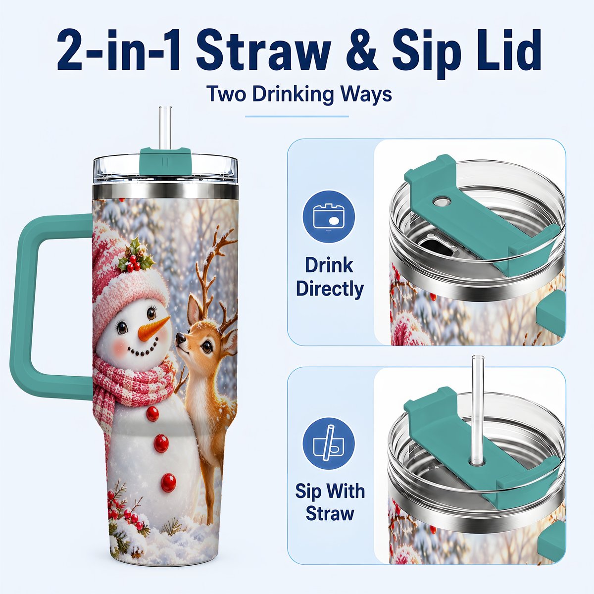 #pl[40oz|Green] Snowman Fawn 40oz Tumbler with Handle, Winter Forest Travel Cup