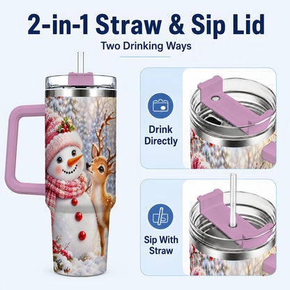 #pl[40oz|Pink] Snowman Fawn 40oz Tumbler with Handle, Winter Forest Travel Cup
