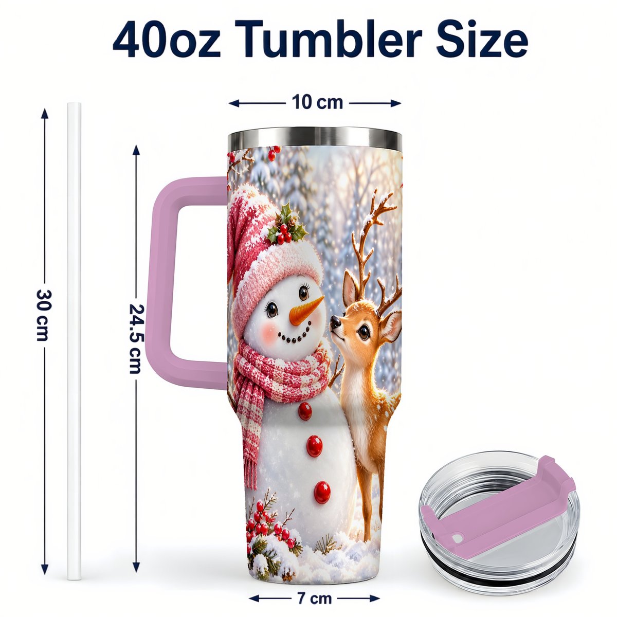 #pl[40oz|Pink] Snowman Fawn 40oz Tumbler with Handle, Winter Forest Travel Cup