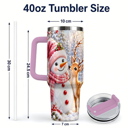#pl[40oz|Pink] Snowman Fawn 40oz Tumbler with Handle, Winter Forest Travel Cup